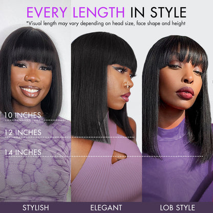 Put On and Go Realistic Glueless Yaki Straight Bob with Bangs Minimalist Lace Wig