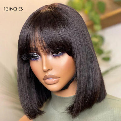 Put On and Go Realistic Glueless Yaki Straight Bob with Bangs Minimalist Lace Wig