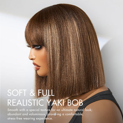 Put On and Go Realistic Glueless Yaki Straight Bob with Bangs Minimalist Lace Wig