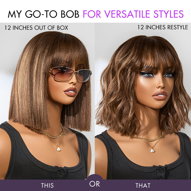 Put On and Go Realistic Glueless Yaki Straight Bob with Bangs Minimalist Lace Wig