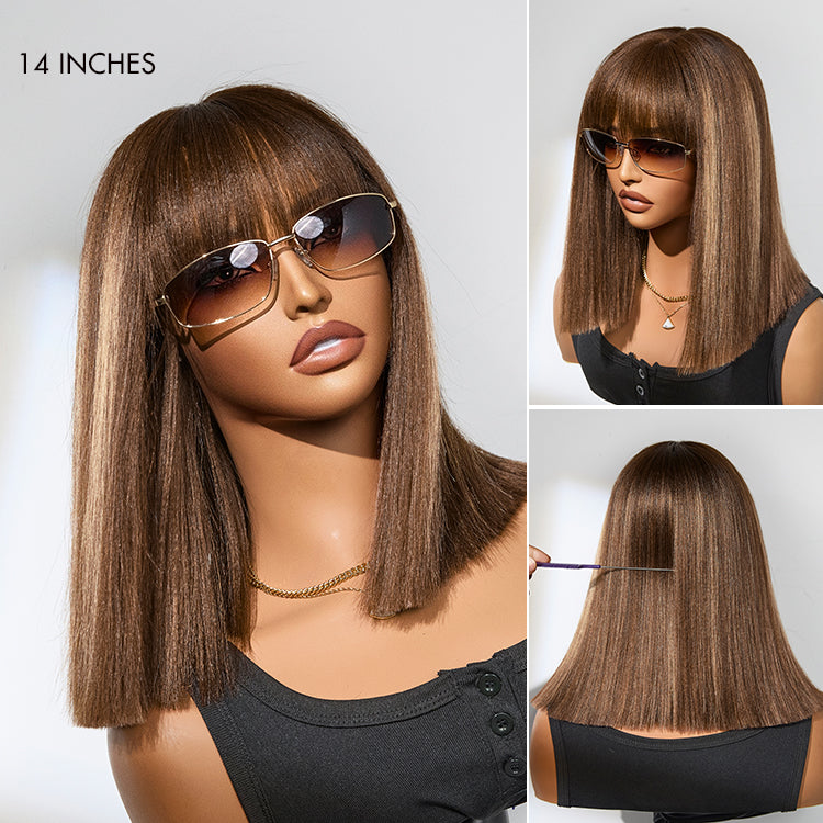 Put On and Go Realistic Glueless Yaki Straight Bob with Bangs Minimalist Lace Wig