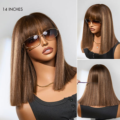 Put On and Go Realistic Glueless Yaki Straight Bob with Bangs Minimalist Lace Wig