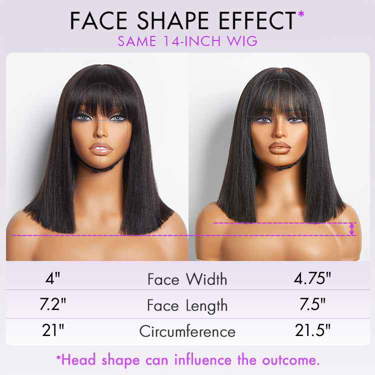 Put On and Go Realistic Glueless Yaki Straight Bob with Bangs Minimalist Lace Wig