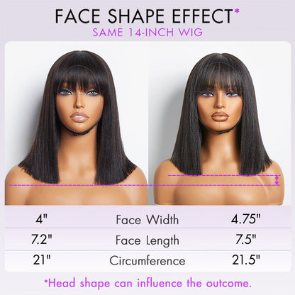 Put On and Go Realistic Glueless Yaki Straight Bob with Bangs Minimalist Lace Wig