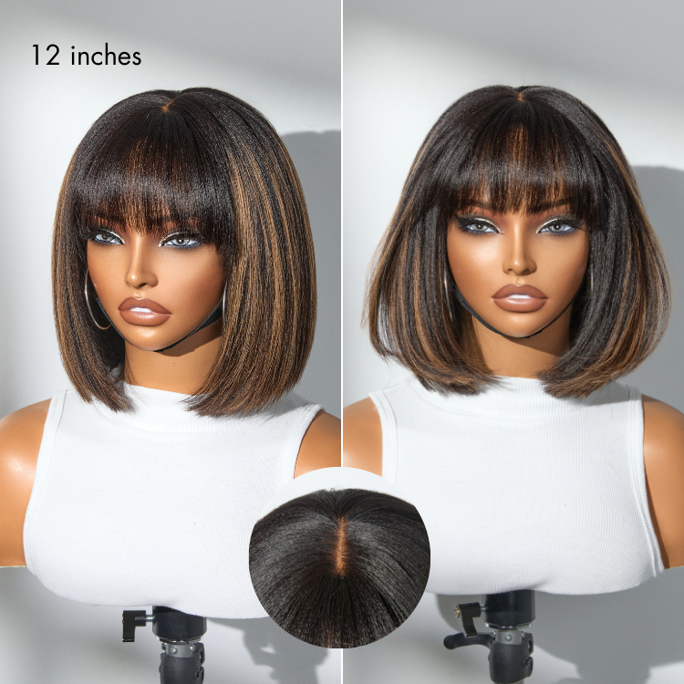 Put On and Go Realistic Glueless Yaki Straight Bob with Bangs Minimalist Lace Wig