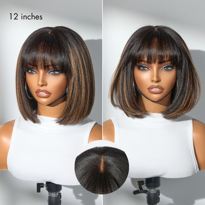 Put On and Go Realistic Glueless Yaki Straight Bob with Bangs Minimalist Lace Wig