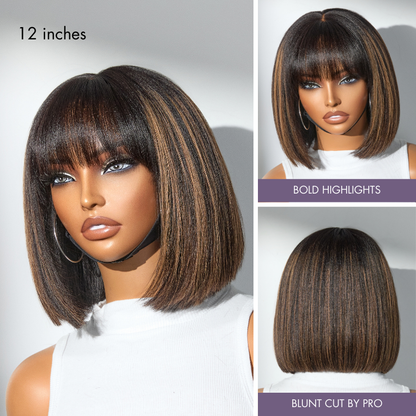 Put On and Go Realistic Glueless Yaki Straight Bob with Bangs Minimalist Lace Wig