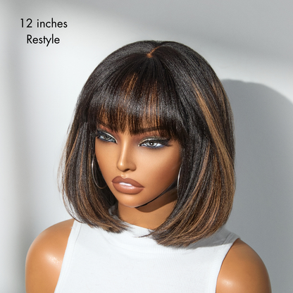 Put On and Go Realistic Glueless Yaki Straight Bob with Bangs Minimalist Lace Wig