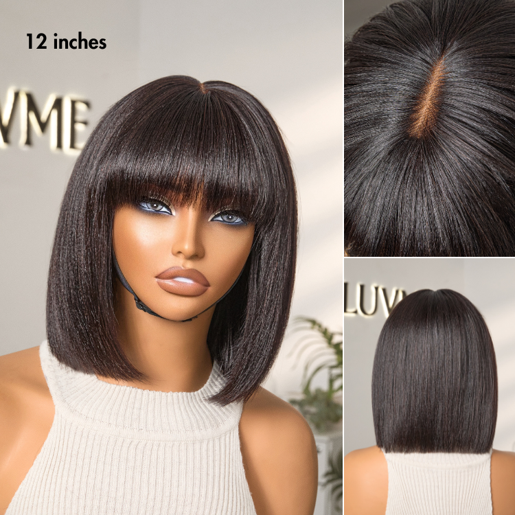 Put On and Go Realistic Glueless Yaki Straight Bob with Bangs Minimalist Lace Wig