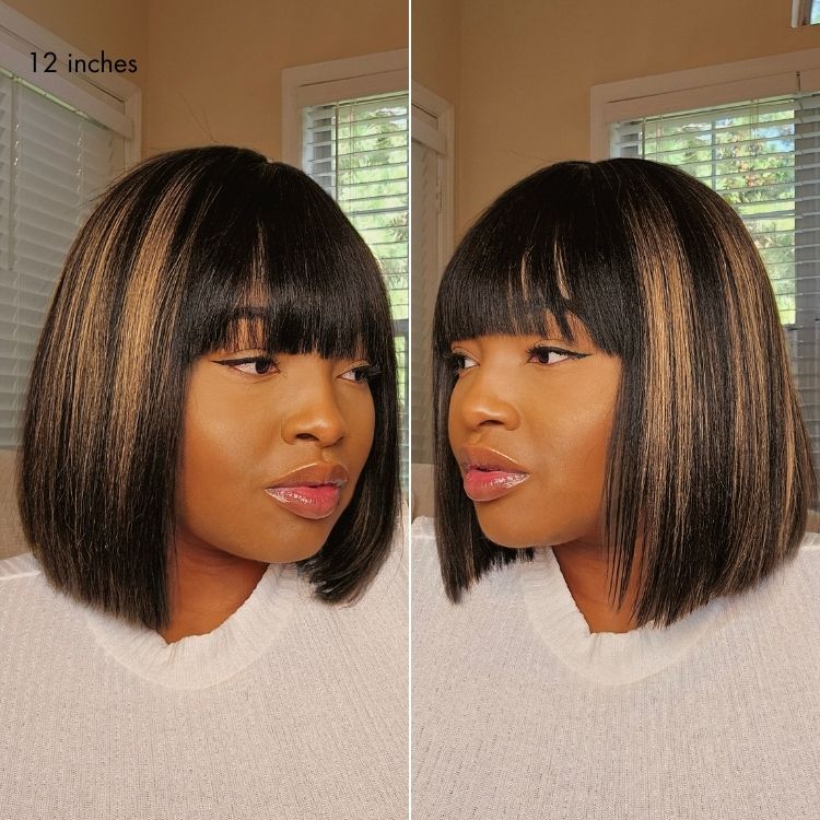 Put On and Go Realistic Glueless Yaki Straight Bob with Bangs Minimalist Lace Wig