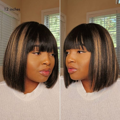 Put On and Go Realistic Glueless Yaki Straight Bob with Bangs Minimalist Lace Wig