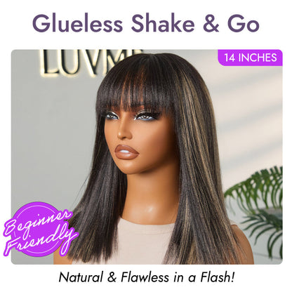 Put On and Go Realistic Glueless Yaki Straight Bob with Bangs Minimalist Lace Wig
