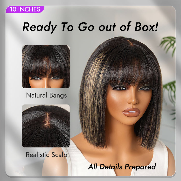 Put On and Go Realistic Glueless Yaki Straight Bob with Bangs Minimalist Lace Wig