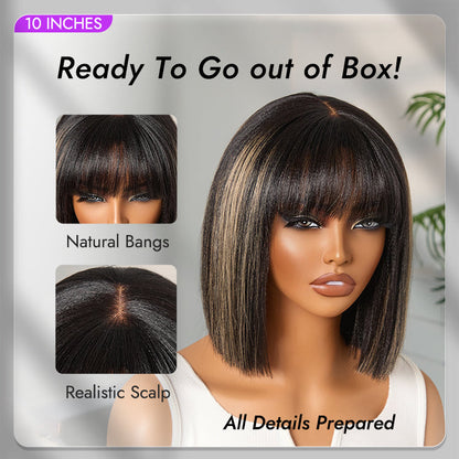 Put On and Go Realistic Glueless Yaki Straight Bob with Bangs Minimalist Lace Wig