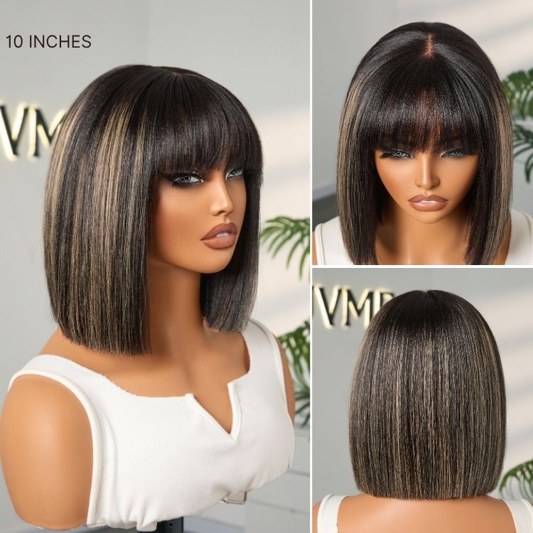 Put On and Go Realistic Glueless Yaki Straight Bob with Bangs Minimalist Lace Wig