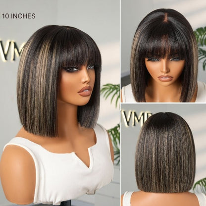 Put On and Go Realistic Glueless Yaki Straight Bob with Bangs Minimalist Lace Wig