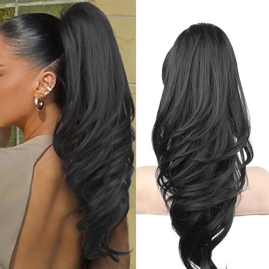 Grab the ponytail and twist the hair into a long, curly, wavy ponytail.