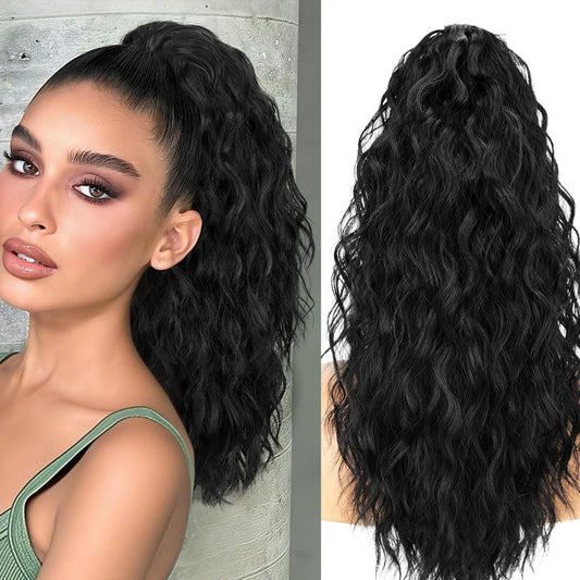 18-inch wool braid ponytail with corn-style curling, water ripple texture, and grip clips for long braid hairstyle