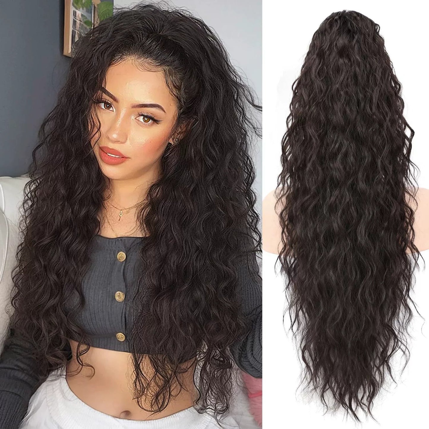 30inch Curly Clip-In Ponytail with Braids — Full Volume, No Damage
