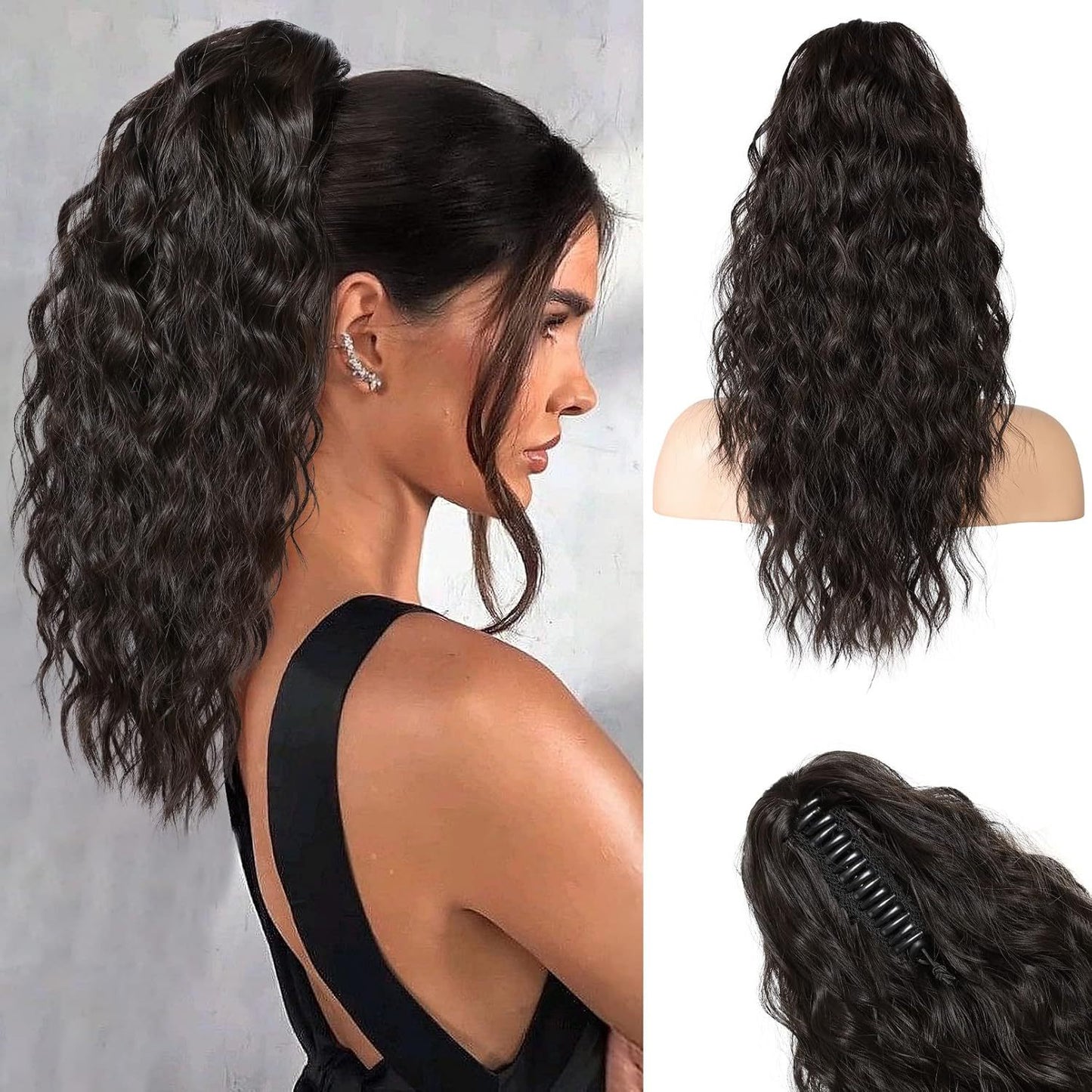 18-inch wool braid ponytail with corn-style curling, water ripple texture, and grip clips for long braid hairstyle
