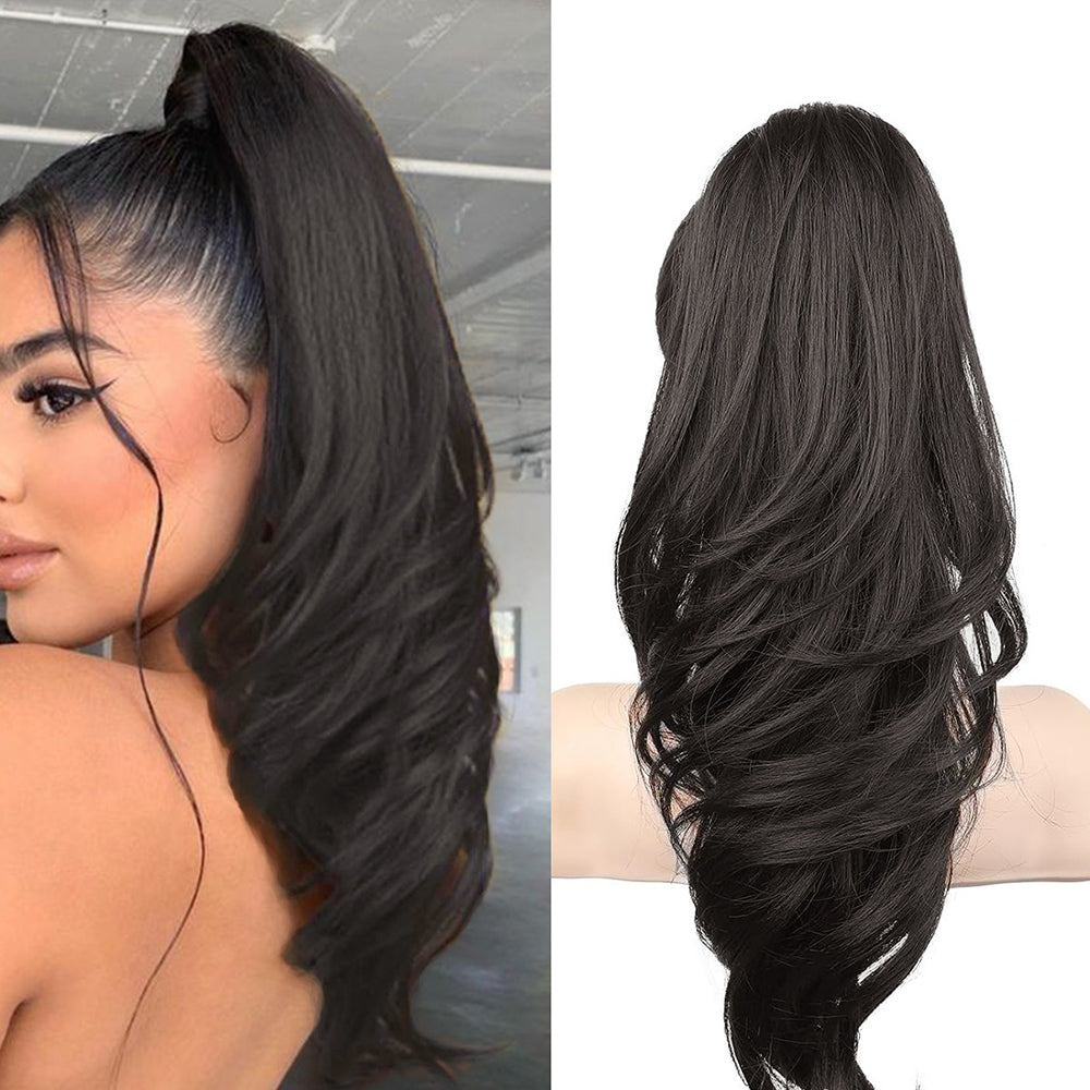 Grab the ponytail and twist the hair into a long, curly, wavy ponytail.