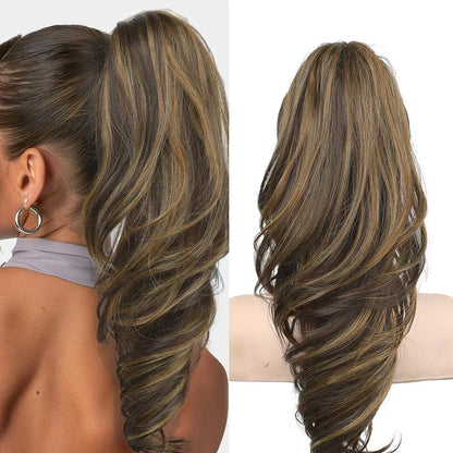 Grab the ponytail and twist the hair into a long, curly, wavy ponytail.