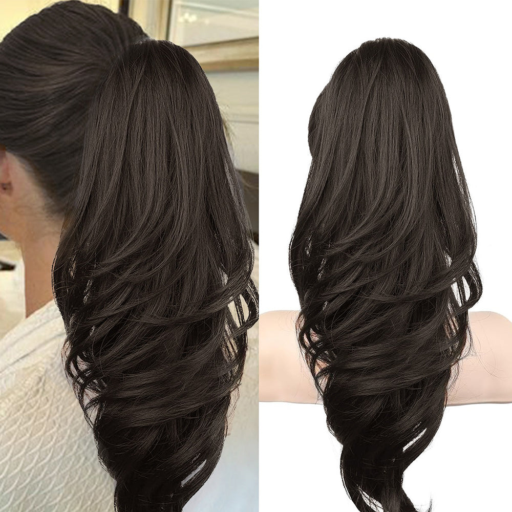 Grab the ponytail and twist the hair into a long, curly, wavy ponytail.