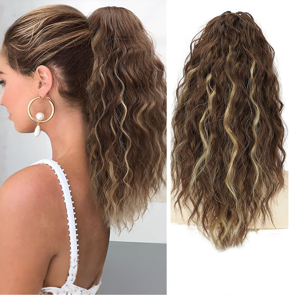 18-inch wool braid ponytail with corn-style curling, water ripple texture, and grip clips for long braid hairstyle