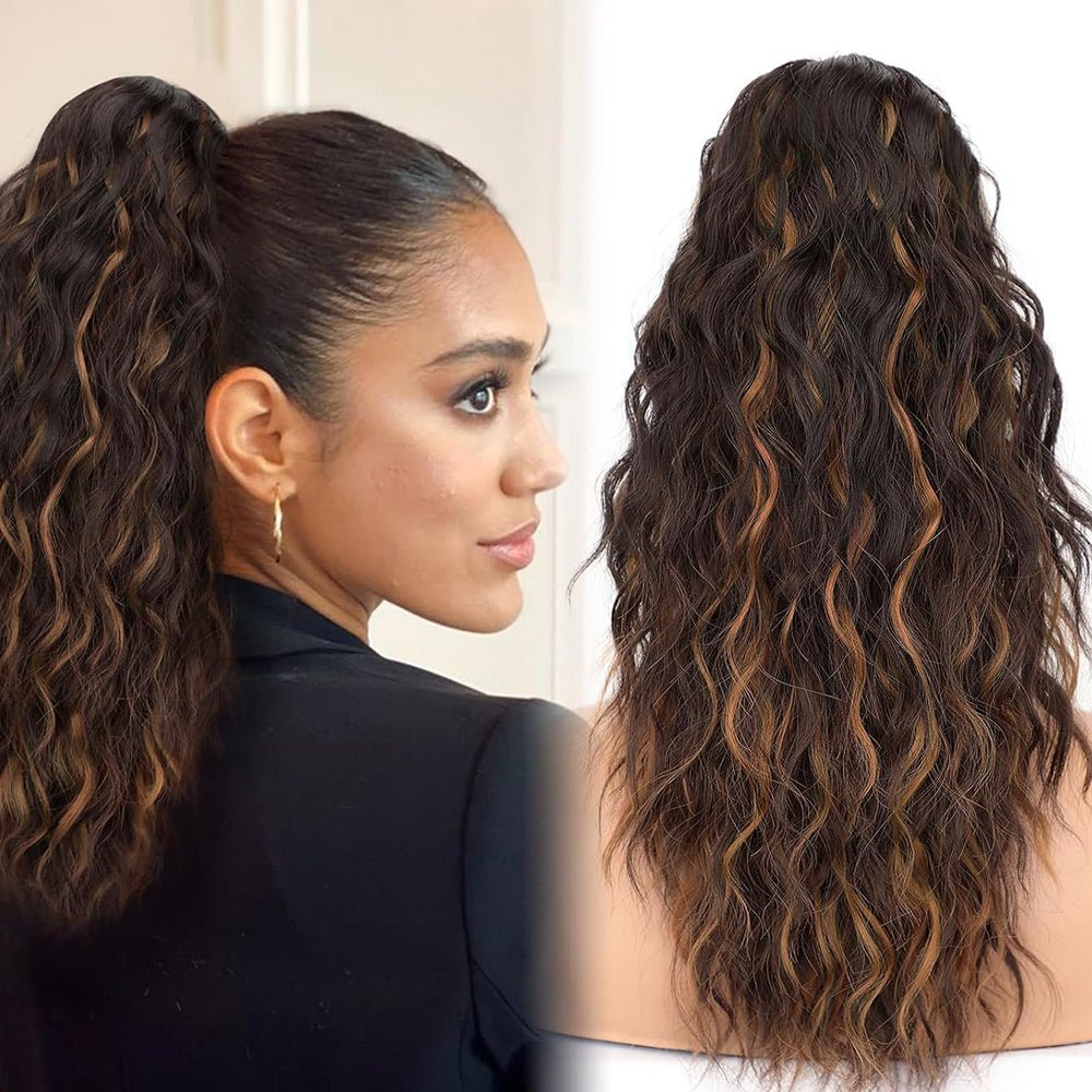 18-inch wool braid ponytail with corn-style curling, water ripple texture, and grip clips for long braid hairstyle