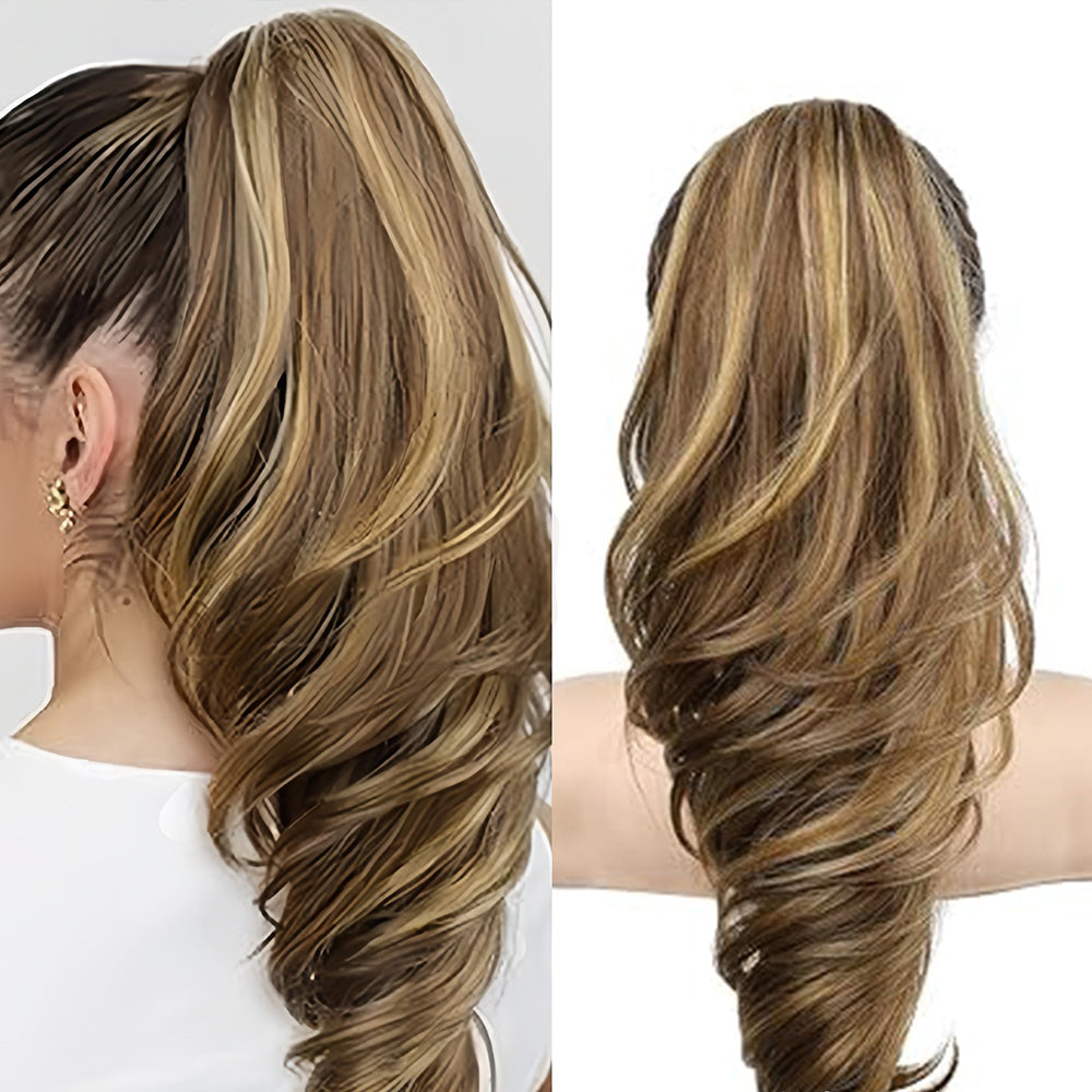 Grab the ponytail and twist the hair into a long, curly, wavy ponytail.