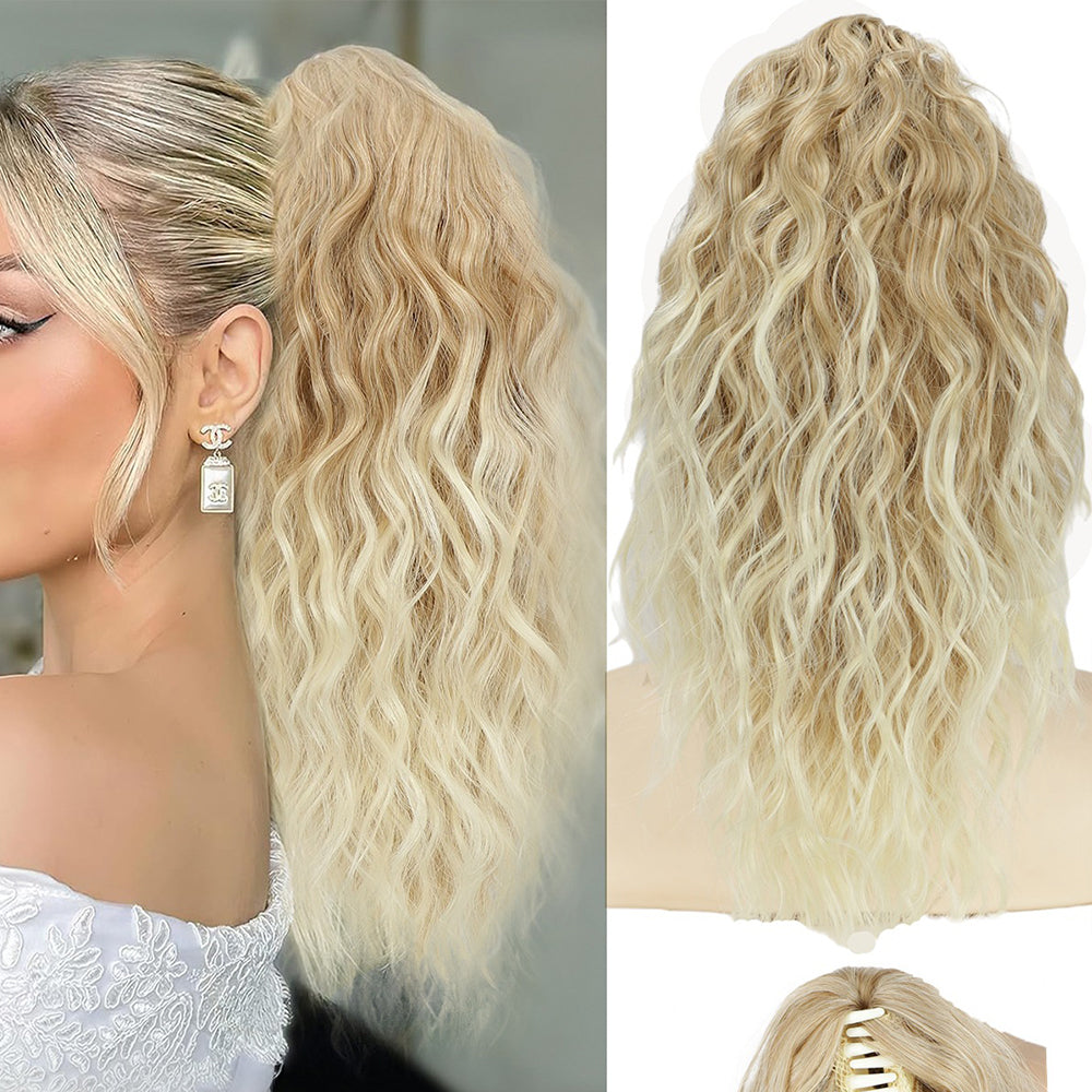 18-inch wool braid ponytail with corn-style curling, water ripple texture, and grip clips for long braid hairstyle