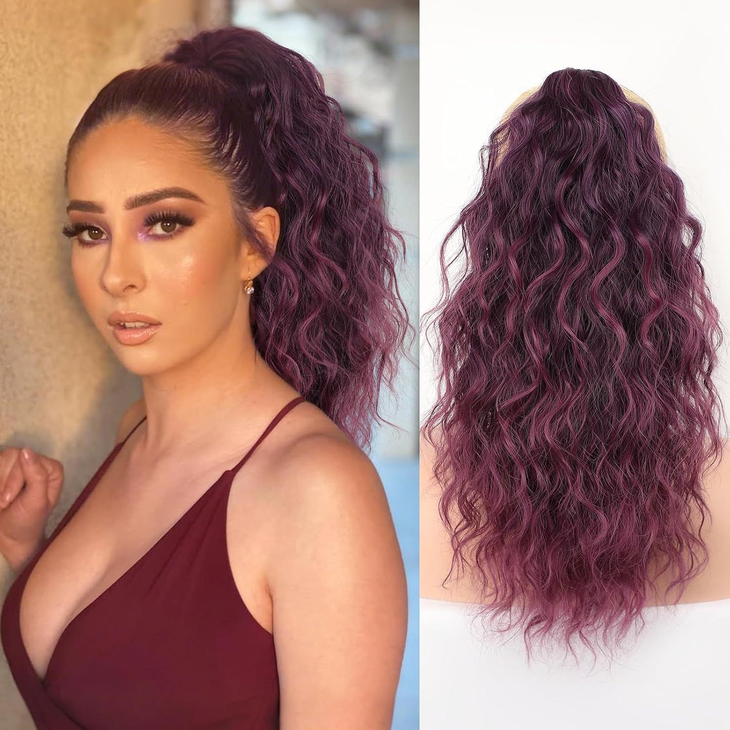 18-inch wool braid ponytail with corn-style curling, water ripple texture, and grip clips for long braid hairstyle