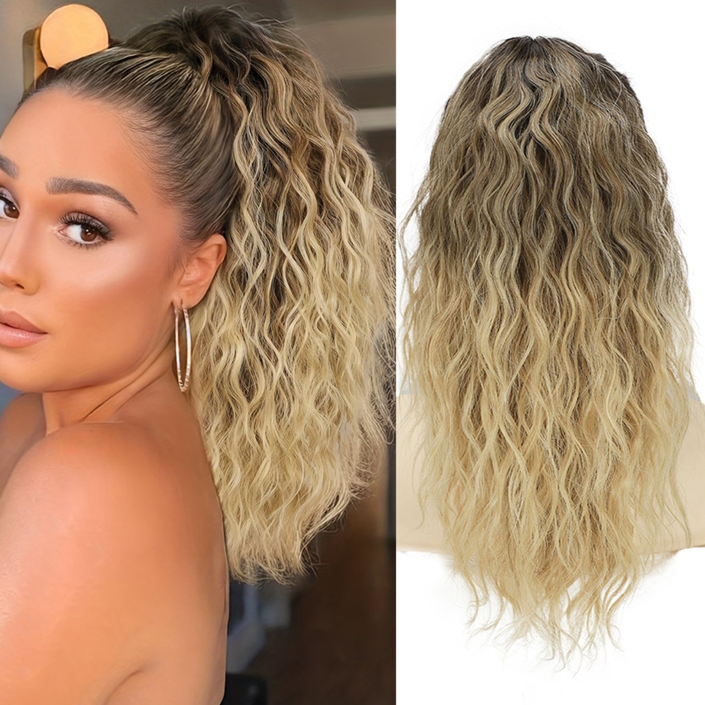 18-inch wool braid ponytail with corn-style curling, water ripple texture, and grip clips for long braid hairstyle