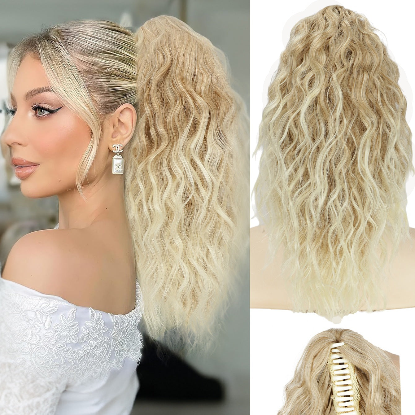 18-inch wool braid ponytail with corn-style curling, water ripple texture, and grip clips for long braid hairstyle
